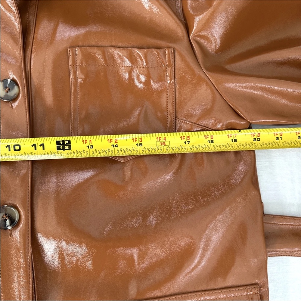 Topshop Women Casey Brown Belted Glossy High Impact Button Front Vegan Jacket - Picture 14 of 15